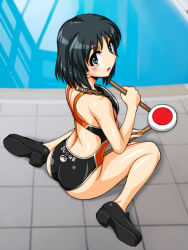 Rule 34 | 1girl, ass, backless swimsuit, black eyes, black footwear, black hair, black one-piece swimsuit, blush, competition swimsuit, emblem, english text, from side, girls und panzer, holding, holding sign, inatomi hibiki, japanese tankery league (emblem), judge, legs, light blush, loafers, looking at viewer, looking back, medallion, no legwear, one-piece swimsuit, oosaka kanagawa, pool, shoe soles, shoes, short hair, sign, sitting, solo, swimsuit