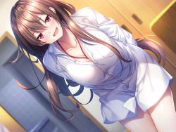 Rule 34 | 1girl, aikagi 3, arms behind back, azarashi soft, blush, breasts, brown hair, button gap, cleavage, dutch angle, female focus, game cg, gintarou (kurousagi108), hair between eyes, happy, highres, indoors, large breasts, legs, long hair, looking at viewer, mole, mole under eye, open mouth, red eyes, red neckwear, saotome ai, shirt, smile, solo, standing, thighs, unbuttoned, unbuttoned shirt, white shirt
