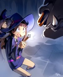 Rule 34 | 1other, 2girls, ?, belt, blunt bangs, boots, brown hair, colorized, commentary, dungeon, english commentary, hair over one eye, hat, highres, kagari atsuko, knee boots, little witch academia, long hair, luna nova school uniform, monster, multiple girls, nose piercing, nose ring, optionaltypo, piercing, pink belt, red eyes, school uniform, shiny rod (little witch academia), size difference, solo focus, sucy manbavaran, teeth, tusks, upper teeth only, wand, witch, witch hat, you gonna get raped