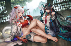 Rule 34 | 2girls, :d, arknights, bandeau, bare shoulders, barefoot, black hair, blue hair, blue nails, braid, breasts, chinese commentary, commentary request, dress, dusk (arknights), dutch angle, earrings, hair over one eye, highres, horns, jacket, jewelry, kacyu, long hair, long sleeves, looking at viewer, medium breasts, midriff, multicolored hair, multiple girls, nail polish, nian (arknights), off shoulder, open clothes, open jacket, open mouth, purple eyes, red hair, red nails, red neckwear, shorts, siblings, silver hair, single braid, sisters, sitting, smile, stomach, strapless, streaked hair, tassel, tassel earrings, toenails, tree, tube top, vase, white dress, white jacket, white shorts, wide sleeves