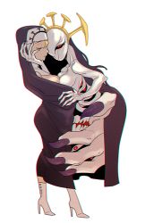 Rule 34 | 1girl, blonde hair, boots, breast press, breasts, chromatic aberration, cleavage, double (skullgirls), dual persona, eyelashes, closed eyes, habit, high heel boots, high heels, monster girl, nun, parted lips, red eyes, skullgirls, solo, symmetrical docking, white background