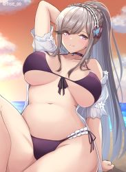 Rule 34 | 1girl, azur lane, bikini, breasts, breasts apart, butterfly hair ornament, choker, closed mouth, collarbone, commentary request, dunkerque (azur lane), dunkerque (summer sucre) (azur lane), grey hair, hair ornament, hairband, highres, large breasts, looking at viewer, navel, outdoors, ponytail, purple bikini, purple eyes, rikiddo (tise 00), side-tie bikini bottom, sidelocks, sitting, smile, solo, swimsuit, twitter username