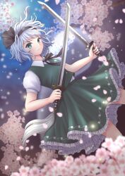 Rule 34 | 1girl, black hairband, blush, cherry blossoms, closed mouth, commentary request, crossed swords, flower, frilled skirt, frills, ghost, green eyes, green skirt, green vest, grey hair, hairband, highres, holding, holding sword, holding weapon, katana, konpaku youmu, konpaku youmu (ghost), kyabekko, light particles, looking at viewer, multiple swords, shirt, short hair, short sleeves, skirt, solo, sword, touhou, vest, weapon, white shirt, youmu day
