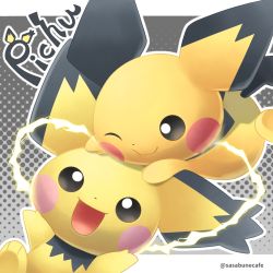 Rule 34 | :d, black eyes, character name, cheek squash, closed mouth, commentary request, creatures (company), electricity, game freak, gen 2 pokemon, happy, looking at viewer, nintendo, no humans, open mouth, outline, pichu, pokemon, pokemon (creature), sasabunecafe, smile, spiky-eared pichu, tongue
