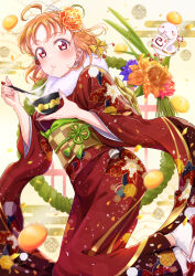 1girl 2025 absurdres ahoge blush bow bowl braid chinese_zodiac chopsticks eating floral_print flower food fruit hair_bow hair_flower hair_ornament highres holding holding_bowl holding_chopsticks iroenpitsu_xxx japanese_clothes kimono long_sleeves looking_at_viewer love_live! love_live!_sunshine!! mandarin_orange mochi mochi_trail new_year obi orange_hair print_kimono red_eyes red_kimono sandals sash shoes short_hair side_braid snake socks solo tabi takami_chika textless_version white_snake white_socks wide_sleeves year_of_the_snake yellow_bow zouni_soup