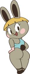 Rule 34 | 1girl, animal crossing, animal nose, ass, bare shoulders, black eyes, blonde hair, blue shirt, blunt bangs, blush stickers, body fur, bonbon (animal crossing), bottomless, bowl cut, female focus, flat color, from behind, full body, furry, furry female, grey fur, hands on own hips, happy, jaggy lines, legs together, nintendo, open mouth, rabbit ears, rabbit girl, rabbit tail, shirt, short hair, simple background, sleeveless, sleeveless shirt, smile, solo, standing, vilepluff, white background