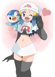 Rule 34 | 1girl, beanie, black footwear, black gloves, blue eyes, blue hair, blush, boots, breasts, cosplay, creature, creature on shoulder, creatures (company), dawn (pokemon), elbow gloves, feet out of frame, game freak, gen 4 pokemon, gloves, hainchu, happy, hat, heart, jessie (pokemon) (cosplay), long hair, looking at viewer, microskirt, midriff, miniskirt, narrow waist, navel, nintendo, on shoulder, one eye closed, piplup, pokemon, simple background, skirt, small breasts, smile, standing, team rocket, team rocket (cosplay), thigh boots, thighhighs, white skirt, wink, zettai ryouiki