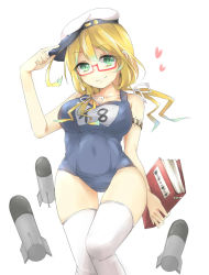 Rule 34 | 1girl, adjusting clothes, adjusting headwear, armlet, blonde hair, book, breasts, collarbone, green eyes, hat, heart, highres, holding, holding book, i-8 (kancolle), kantai collection, looking at viewer, low twintails, medium breasts, name tag, one-piece swimsuit, peaked cap, red-framed eyewear, sailor hat, school swimsuit, semi-rimless eyewear, solo, swimsuit, thighhighs, tomo futoshi, torpedo, twintails, under-rim eyewear, white background, white thighhighs