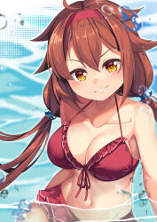 Rule 34 | 1girl, ahoge, bare shoulders, bikini, bikini skirt, blush, breasts, brown hair, cleavage, collarbone, commentary request, cosplay, daiwa scarlet (trifle vacation) (umamusume), daiwa scarlet (umamusume), daiwa scarlet (umamusume) (cosplay), front-tie bikini top, front-tie top, grin, hairband, highres, kantai collection, large breasts, long hair, looking at viewer, navel, red bikini, red hairband, red skirt, shiratsuyu (kancolle), skirt, smile, solo, stomach, swimsuit, umamusume, upper body, very long hair, water, yasume yukito, yellow eyes