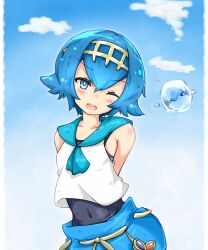 Rule 34 | 1girl, arms behind back, blue eyes, blue hair, blue pants, blue sailor collar, blue sky, blush, bright pupils, bubble, covered navel, cowboy shot, creatures (company), flat chest, game freak, hairband, lana (pokemon), looking at viewer, medium bangs, musical note, nintendo, one-piece swimsuit, one eye closed, open mouth, pants, pokemon, pokemon sm, sailor collar, shirt, short hair, sky, sleeveless, sleeveless shirt, smile, solo, standing, swimsuit, swimsuit under clothes, white pupils, white shirt, yarareimu, yellow hairband