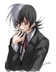 Rule 34 | 1boy, black hair, black jack (character), black jack (series), black jacket, food, holding, holding food, jacket, male focus, multicolored hair, open mouth, red eyes, red ribbon, ribbon, scar, shirt, short hair, simple background, solo, split-color hair, toujou sakana, white background, white hair, white shirt