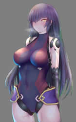Rule 34 | 1girl, android, armor, arms behind back, bare shoulders, black gloves, blush, breasts, breath, cameltoe, closed mouth, covered navel, cowboy shot, elbow gloves, covered erect nipples, expressionless, fate/grand order, fate (series), gloves, grey background, hair over one eye, impossible clothes, impossible leotard, joints, katou danzou (fate), large breasts, legs apart, leotard, long hair, looking at viewer, nikuku (kazedesune), purple hair, purple leotard, robot joints, simple background, skin tight, solo, standing, thighs, very long hair, yellow eyes