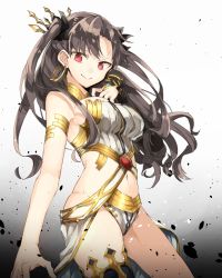 Rule 34 | 1girl, :&gt;, armlet, asymmetrical gloves, asymmetrical legwear, bare arms, bare legs, bare shoulders, black gloves, black hair, black ribbon, black thighhighs, blouse, breasts, bridal gauntlets, brown hair, c:, chibirisu, closed mouth, clothing cutout, crown, earrings, elbow gloves, fate/grand order, fate (series), female focus, floating hair, from below, gem, gloves, gold trim, gradient background, groin, hair ribbon, hand on own chest, highres, hoop earrings, ishtar (fate), jewelry, large breasts, legs, long hair, looking at viewer, midriff, navel, navel cutout, neck, neck ring, parted bangs, red eyes, revealing clothes, ribbon, shirt, sideboob, simple background, single elbow glove, single glove, single thighhigh, sleeveless, sleeveless shirt, smile, solo, standing, strapless, thighhighs, thighlet, tohsaka rin, two side up, type-moon, uneven gloves, uneven legwear, waist cape, white shirt