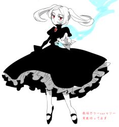 Rule 34 | 1girl, bloody marie (skullgirls), brooch, dress, ekubo (ciaobero), energy, fire, frilled dress, frills, full body, half-closed eyes, japanese text, jewelry, juliet sleeves, long sleeves, looking at viewer, mary janes, no apron, puffy sleeves, red eyes, ribs, shoes, skeleton, skullgirls, solo, twintails
