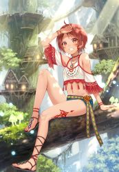 Rule 34 | 1girl, ahoge, bare shoulders, bracelet, bridge, choker, crop top, day, feet, fukahire (ruinon), grin, hand up, jewelry, knee up, light rays, looking at viewer, midriff, nature, navel, necklace, off shoulder, original, outdoors, red eyes, red hair, shirt, short hair, short shorts, shorts, sidelocks, sitting, slippers, smile, solo, sunbeam, sunlight, tattoo, thighs, tree, treehouse, white shirt