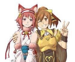 Rule 34 | 2girls, animal ears, blush, brown eyes, brown hair, delthea (fire emblem), dlanon, fire emblem, fire emblem echoes: shadows of valentia, fire emblem fates, fire emblem heroes, fox ears, hand on another&#039;s shoulder, multiple girls, nintendo, one eye closed, pink hair, sakura (fire emblem), simple background, smile, white background