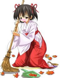 Rule 34 | 1girl, artist request, autumn leaves, black hair, blush, broom, brown eyes, hair ribbon, hakama, holding, japanese clothes, leaf, long sleeves, maple leaf, miko, open mouth, peeing, peeing self, puddle, red hakama, red ribbon, ribbon, sandals, shaking, shirt, short hair, socks, tears, trembling, twintails, wet, wet clothes, white background, white shirt, white socks
