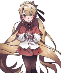 Rule 34 | 1girl, blonde hair, blush, bow, bowtie, braid, brown bow, brown bowtie, brown hairband, brown pantyhose, capelet, closed mouth, crown braid, green eyes, hair bow, hairband, highres, lobotomy corporation, long hair, long sleeves, looking at viewer, low twintails, orange capelet, orange skirt, pantyhose, parted bangs, project moon, puffy long sleeves, puffy sleeves, shirt, simple background, skirt, solo, solo a, standing, tiphereth a (project moon), twintails, very long hair, white background, white shirt