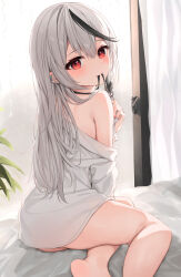 Rule 34 | 1girl, absurdres, bare shoulders, barefoot, black hair, black ribbon, braid, curtains, ear piercing, earclip, eyelashes, grey hair, hair ornament, highres, hololive, indoors, koyokurosuki, long hair, looking at viewer, mouth hold, multicolored hair, no bra, no pants, on bed, open clothes, open shirt, piercing, red eyes, ribbon, ribbon in mouth, sakamata chloe, shirt, side braid, sitting, smile, solo, streaked hair, virtual youtuber, white shirt, window