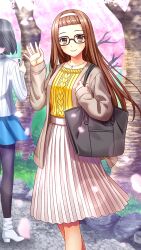 Rule 34 | 2girls, bag, brown cardigan, brown eyes, brown hair, cardigan, closed mouth, doukyuusei 2, doukyuusei another world, game cg, glasses, hairband, jewelry, long hair, long sleeves, looking at viewer, medium skirt, mizuno tomomi, multiple girls, open cardigan, open clothes, pendant, pleated skirt, skirt, sleeves past wrists, smile, solo focus, spring (season), standing, sweater, very long hair, white hairband, white skirt, yellow sweater