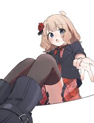 Rule 34 | 1girl, absurdres, ahoge, ankle boots, black jacket, black necktie, black thighhighs, blue eyes, blush, boots, brown hair, dot nose, dress, flower, frilled dress, frills, hair flower, hair ornament, highres, idolmaster, idolmaster million live!, idolmaster million live! theater days, jacket, knees up, long sleeves, looking at viewer, meeeeeeco359, necktie, open mouth, plaid, plaid dress, red dress, red flower, red rose, rose, short hair, simple background, sitting, solo, suou momoko, thighhighs, tintme!, w, white background