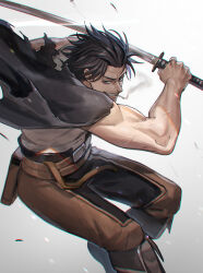 Rule 34 | 1boy, absurdres, black capelet, black clover, black footwear, black hair, capelet, cigarette, facial hair, grey eyes, highres, holding, holding sword, holding weapon, katana, looking at viewer, male focus, military vehicle, motor vehicle, muscular, muscular male, mustache stubble, open mouth, short hair, smile, solo, stubble, sword, tank, tank top, torn capelet, torn clothes, tsugutoku, weapon, white tank top, yami sukehiro