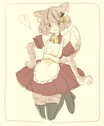 Rule 34 | 1girl, :d, animal ear fluff, animal ears, apron, asaka yumetsuki, bell, black footwear, boots, cat ears, cat girl, cat tail, commentary request, dress, floating, full body, furry, furry female, hand on own hip, heart, heel up, highres, jingle bell, looking at viewer, maid apron, neck bell, open mouth, original, red dress, simple background, sketch, smile, solo, tail, tail raised, thigh boots, white apron, yellow background