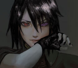 Rule 34 | 1boy, black hair, black nails, fingerless gloves, gloves, hair between eyes, hand to own mouth, highres, lips, mismatched pupils, naruto (series), nose, simple background, solo, tamelee, uchiha sasuke