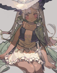 Rule 34 | 1girl, bare arms, belt, blush, cloak, collarbone, dagger, dark-skinned female, dark skin, dress, feet out of frame, frilled dress, frills, green cloak, grey background, hair ribbon, hands on ground, hat, highres, holstered, knife, long hair, looking at viewer, nail polish, noco (pixiv14976070), orange eyes, original, purple ribbon, ribbon, serious, shadow, silver hair, simple background, sitting, sleeveless, sleeveless dress, solo, sparkle, sword, twintails, weapon, white dress, white hat, white nails, witch hat