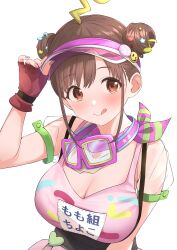 Rule 34 | 1girl, absurdres, b1ack illust, blush, breasts, brown eyes, brown hair, cleavage, collarbone, double bun, fingerless gloves, gloves, goggles, hair bun, hair ornament, hat, highres, idolmaster, idolmaster shiny colors, large breasts, nail polish, pink hat, pink shirt, see-through, see-through sleeves, shirt, short sleeves, simple background, smile, solo, sonoda chiyoko, tongue, tongue out, visor cap, white background