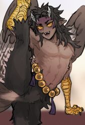 Rule 34 | 1boy, animal feet, animal hands, beads, bird legs, bird tail, bird wings, body fur, brown background, brown fur, brown hair, brown wings, claws, colored sclera, commentary, cowboy shot, dark-skinned male, dark skin, demon boy, english commentary, fangs, feathered wings, grey horns, hand up, harpy boy, highres, horns, kimetsu no yaiba, leg lift, long hair, looking at viewer, male focus, monster boy, multicolored background, nude, open mouth, pointy ears, riifuusagi, simple background, smile, standing, standing on one leg, tail, talons, tassel, text in eyes, text in mouth, toned, toned male, urogi (kimetsu no yaiba), veins, wings, yellow eyes, yellow sclera