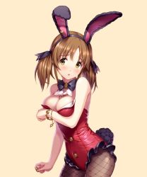 Rule 34 | 1girl, :o, animal ears, bare shoulders, blush, bow, bowtie, bracelet, breasts, brown eyes, brown hair, buttons, cleavage, commentary request, cowboy shot, fake animal ears, fake tail, fishnet pantyhose, fishnets, frilled leotard, frills, hair ribbon, hairband, heart, idolmaster, idolmaster cinderella girls, jewelry, kurage (kurakurapix), large breasts, leotard, long hair, pantyhose, parted lips, playboy bunny, popped button, rabbit ears, rabbit tail, ribbon, simple background, solo, tail, totoki airi, twintails, wardrobe malfunction