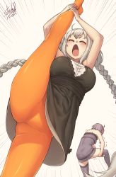 Rule 34 | 2girls, absurdres, bare shoulders, black dress, blush, braid, breasts, closed eyes, commentary request, dress, from below, highres, kizuna akari, large breasts, leg up, long hair, motion lines, multiple girls, no shoes, open mouth, orange pantyhose, pantyhose, purple dress, purple hair, purple legwear, shade of trees, short dress, signature, silver hair, simple background, single braid, sleeveless, sleeveless dress, solo focus, split, standing, standing on one leg, standing split, thighhighs, trembling, twin braids, v-shaped eyebrows, very long hair, voiceroid, white background, yuzuki yukari