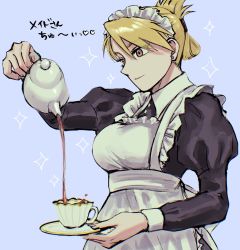 Rule 34 | 1girl, alternate costume, apron, back bow, black dress, blonde hair, blue background, bow, breasts, brown eyes, commentary request, cup, dress, earrings, enmaided, fullmetal alchemist, highres, holding, holding cup, holding teapot, jewelry, large breasts, long sleeves, maid, maid apron, maid headdress, ozaki (tsukiko3), pouring, puffy sleeves, riza hawkeye, smile, solo, star (symbol), swept bangs, tea, teacup, teapot, translation request, upper body, white bow