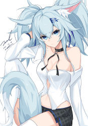 Rule 34 | 1girl, animal ear fluff, animal ears, ass, bare shoulders, black skirt, blue eyes, blue hair, breasts, buttons, choker, cleavage, closed mouth, collarbone, dated, fox ears, fox girl, fox tail, frown, girls&#039; frontline, hair ornament, hair ribbon, hand up, knee up, long hair, long sleeves, looking at viewer, medium breasts, miniskirt, navel, off shoulder, pa-15 (girls&#039; frontline), pa-15 (high school thrills) (girls&#039; frontline), ribbon, shirt, signature, simple background, sitting, skirt, solo, stomach, tail, thighhighs, twintails, twitter username, unel, white background, white shirt, white thighhighs
