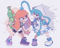 Rule 34 | black eyes, black shorts, blue hair, blunt bangs, commentary, crossover, domino mask, dress, english commentary, full body, holding, holding weapon, ikamusume, inkling girl, inkling player character, long hair, looking at another, mask, nintendo, orange hair, pointing, pointing at another, purple footwear, shammah, shinryaku! ikamusume, shoes, shorts, sneakers, splatoon (series), splattershot (splatoon), tentacle hair, thick eyebrows, trait connection, v-shaped eyebrows, very long hair, weapon, white background, white dress, white footwear