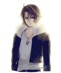 Rule 34 | 1boy, backlighting, belt, black belt, brown hair, commentary, cropped jacket, cropped torso, dated, expressionless, final fantasy, final fantasy viii, fur-trimmed jacket, fur trim, hiryuu (kana h), jacket, jewelry, long sleeves, male focus, necklace, open clothes, open jacket, scar, scar on face, shirt, short hair, signature, simple background, solo, squall leonhart, upper body, v-neck, white background, white shirt