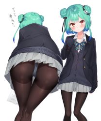 Rule 34 | 1girl, alternate costume, ass, bent over, blue cardigan, blue neckwear, blush, bow, bowtie, brown pantyhose, cardigan, collarbone, double bun, earrings, eyelashes, feet out of frame, flat chest, from behind, from below, green hair, grey skirt, hair bun, hair ornament, hair ribbon, head tilt, highres, hololive, jewelry, k mugura, kneepits, knees together feet apart, legs together, looking at viewer, miniskirt, multiple views, panties, panties under pantyhose, pantyhose, pantyshot, pleated skirt, red eyes, ribbon, school uniform, shiny clothes, shirt, short hair, sidelocks, skirt, skull hair ornament, sleeves past wrists, striped bow, striped bowtie, striped clothes, striped neckwear, thigh gap, thighs, translated, underwear, uruha rushia, virtual youtuber, white panties, white shirt