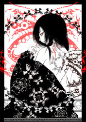 Rule 34 | 1girl, animal print, bare shoulders, black border, black butterfly, black eyeliner, black hair, border, bug, butterfly, butterfly print, butterfly tattoo, closed mouth, eyeliner, eyeshadow, floral print, hand up, insect, japanese clothes, kimono, long hair, looking at viewer, looking back, makeup, monochrome, original, print kimono, red eyeshadow, solo, tattoo, upper body, xephere