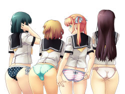 Rule 34 | 4girls, adjusting clothes, adjusting panties, ass, back, black panties, blouse, clothes writing, cowboy shot, from behind, green panties, hand in own hair, highres, lace, lace-trimmed panties, lace trim, leaning forward, lineup, looking back, md5 mismatch, multiple girls, nagayori, neckerchief, no pants, original, panties, pink panties, polka dot, polka dot panties, print panties, resolution mismatch, school uniform, serafuku, shirt, simple background, source smaller, standing, striped clothes, striped panties, take your pick, twintails, underwear, white background, white shirt, yellow neckerchief