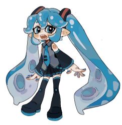 Rule 34 | 1girl, arms at sides, bare shoulders, black footwear, black skirt, black sleeves, blue eyes, blue hair, blue nails, blue necktie, blush, boots, clothing cutout, collared shirt, detached sleeves, full body, hatsune miku, inkling, long hair, looking at viewer, miniskirt, nail polish, necktie, nintendo, open mouth, parody, pleated skirt, pointy ears, shirt, shoulder cutout, sidelocks, simple background, skirt, solo, splatoon (series), splatoon 2, suuroku, tentacle hair, thigh boots, thighhighs, tie clip, twintails, vocaloid, white background, zettai ryouiki