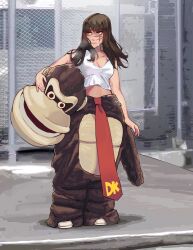 1girl absurdres black_hair breasts chain-link_fence chainsaw_man character_costume donkey_kong donkey_kong_(series) donkey_kong_mascot_girl_(meme) facial_scar fence highres holding_mascot_head long_hair medium_breasts meme nintendo outdoors red_eyes ringed_eyes scar scar_on_cheek scar_on_face shirt solo sweat white_shirt yoru_(chainsaw_man) yuqi_non