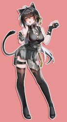 Rule 34 | 1girl, :o, absurdres, ahoge, animal ears, bare shoulders, belt pouch, black dress, black footwear, black gloves, black hair, black ribbon, black tail, black thighhighs, blush, boots, breasts, cat ears, cat tail, claw pose, cleavage, cowlick, dress, female rover (wuthering waves), fingerless gloves, full body, gloves, half-closed eyes, hands up, highres, long hair, looking at viewer, low ponytail, medium breasts, neck ribbon, pink background, pouch, ribbon, rover (wuthering waves), short dress, skindentation, sleeveless, sleeveless dress, solo, standing, tail, teeth, thigh boots, thigh pouch, thighhighs, wuthering waves, xiao&#039;erguai rua, yellow eyes