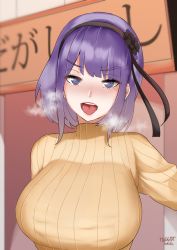 Rule 34 | 10s, 1girl, black flower, black hairband, black rose, blush, bow, breasts, breath, commentary, dagashi kashi, flower, hair flower, hair ornament, hairband, highres, large breasts, looking at viewer, norman maggot, open mouth, purple eyes, purple hair, ribbed sweater, ringed eyes, rose, shidare hotaru, short hair, solo, sweater, tongue, turtleneck, turtleneck sweater, yellow sweater