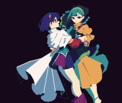 Rule 34 | 2girls, 4qw5, apron, arm around waist, arm ribbon, bare legs, black background, black eyes, blue hair, blue ribbon, boots, cape, closed mouth, collared cape, dancing, dress, expressionless, feet out of frame, frilled apron, frilled sleeves, frills, from side, green apron, green headwear, hairband, haniyasushin keiki, head scarf, high collar, highres, holding hands, jewelry, leg ribbon, long hair, long sleeves, looking at another, magatama, magatama necklace, medium skirt, multicolored clothes, multicolored dress, multicolored hairband, multiple girls, necklace, open mouth, patchwork clothes, pixel art, puffy short sleeves, puffy sleeves, purple footwear, purple hair, rainbow hairband, red sleeves, ribbon, rubber boots, short dress, short hair, short sleeves, simple background, single strap, skirt, smile, tenkyuu chimata, touhou, turtleneck, turtleneck dress, two-tone sleeves, very long hair, white cape, yellow dress, yellow sleeves, yuri