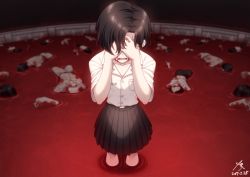Rule 34 | 1girl, black hair, blood, bloody tears, corpse, covering own eyes, crying, dated, detention (game), facing viewer, fang ray shin, pool of blood, school uniform, signature, solo focus, standing, zerg309