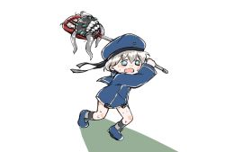 Rule 34 | 1girl, bad id, bad twitter id, blue dress, blue eyes, blue headwear, blue sailor collar, clothes writing, dress, enemy naval mine (kancolle), female focus, hand net, hat, kantai collection, karin bluez3, sailor collar, sailor dress, sailor hat, short hair, silver hair, simple background, solo focus, white background, z1 leberecht maass (kancolle)