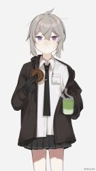 Rule 34 | ahoge, artist request, black gloves, coffee, coffee cup, commentary, cup, disposable cup, doughnut, english commentary, food, girls&#039; frontline, gloves, green eyes, highres, jacket, m200 (girls&#039; frontline), miniskirt, open clothes, open jacket, oxcillate, pen, pocket, secret-sky, shirt, skirt, tie clip, white background, white shirt