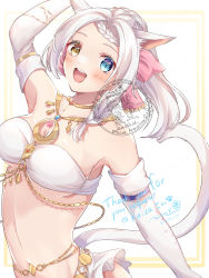 Rule 34 | 1girl, animal ears, arm up, artist name, bandeau, bare shoulders, belly dancing, blue eyes, bow, breasts, cat ears, cat girl, cat tail, chain, cleavage, commentary, commission, crop top, dancer, dancer (final fantasy), dated, detached sleeves, dot nose, final fantasy, final fantasy xiv, forehead, frilled skirt, frills, gold chain, heterochromia, highres, jewelry, looking at viewer, medium breasts, midriff, miniskirt, miqo&#039;te, momon mc, navel, necklace, open mouth, pink bow, simple background, skeb commission, skirt, slit pupils, solo, tail, teeth, upper teeth only, warrior of light (ff14), watermark, white bandeau, white hair, white skirt, yellow eyes