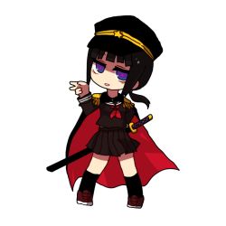 Rule 34 | 1girl, arm behind back, arm up, ascot, bad id, bad pixiv id, black hair, black thighhighs, blue eyes, blunt bangs, cape, chibi, eyelashes, hat, katana, long hair, ngayope, no nose, open mouth, original, pleated skirt, school uniform, shoes, skirt, smile, solo, sword, thighhighs, uniform, v, weapon
